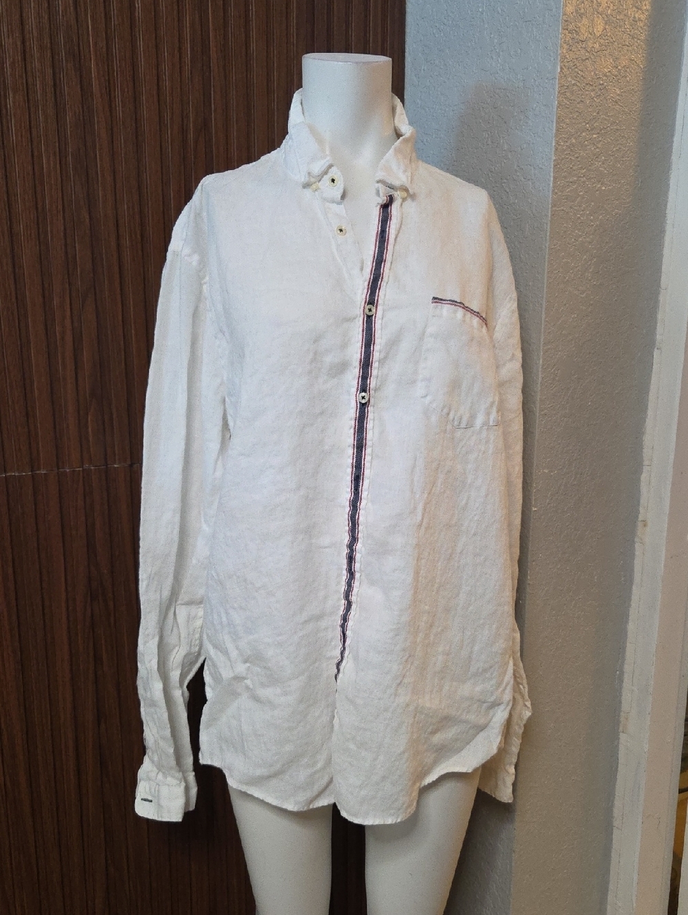 Zara Cream Linen Long-Sleeve Shirt with Chest Pocket Trim 2xlarge Sz [1096]